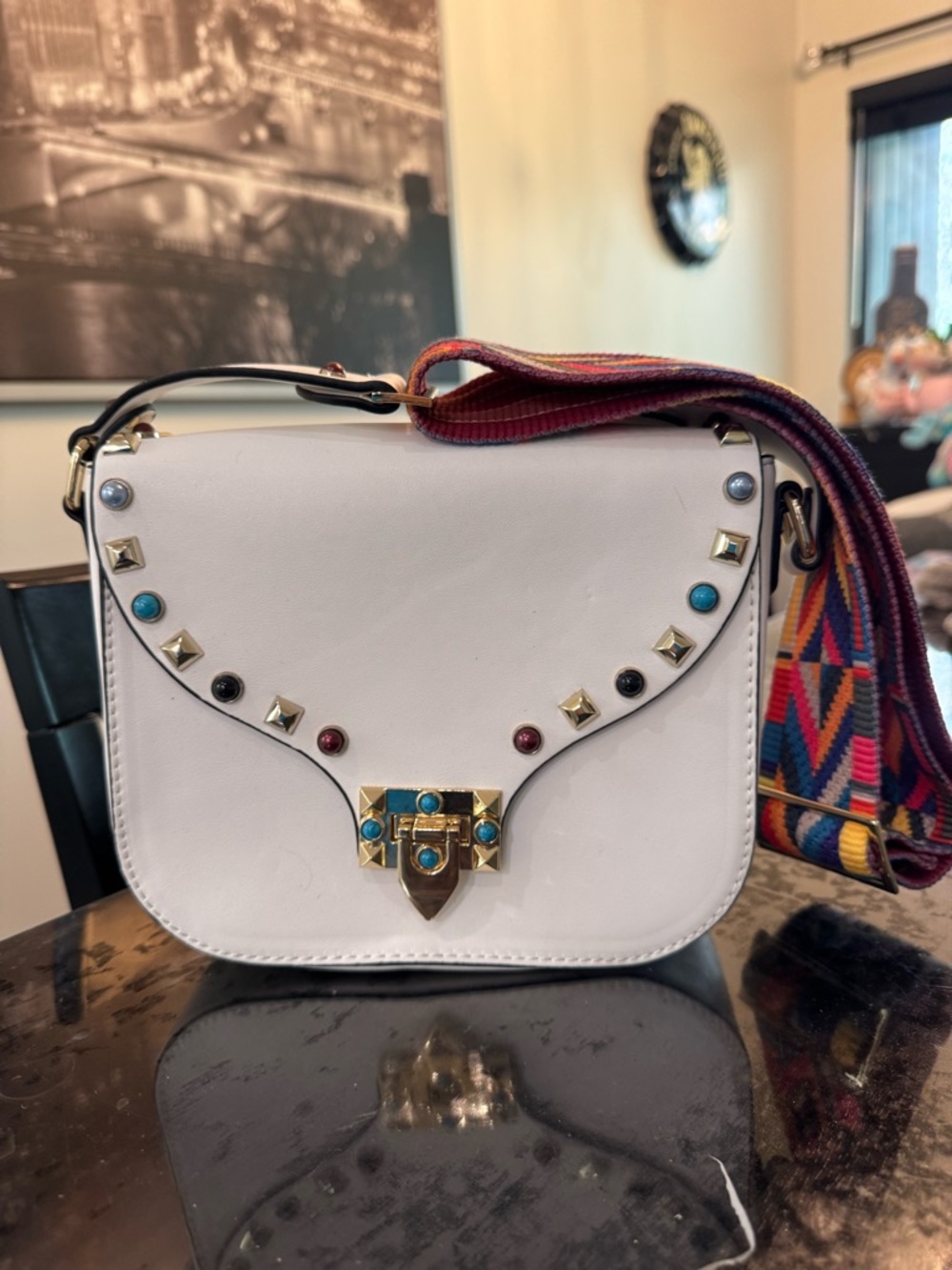 White Studded Crossbody Bag with Colorful Strap